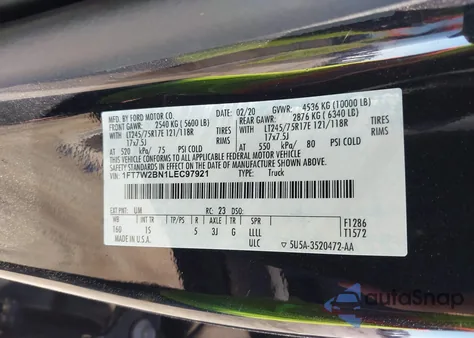 2020 Ford F-250 Xl from USA, damaged, VIN 1FT7W2BN1LEC97921